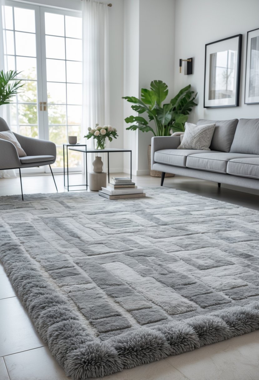 Gray Living Room Designs Ideas 2026: 21 Modern Concepts for Stylish Interiors 6 A bright living room with a textured gray area rug, a gray sofa, a coffee table, and plants near large windows.