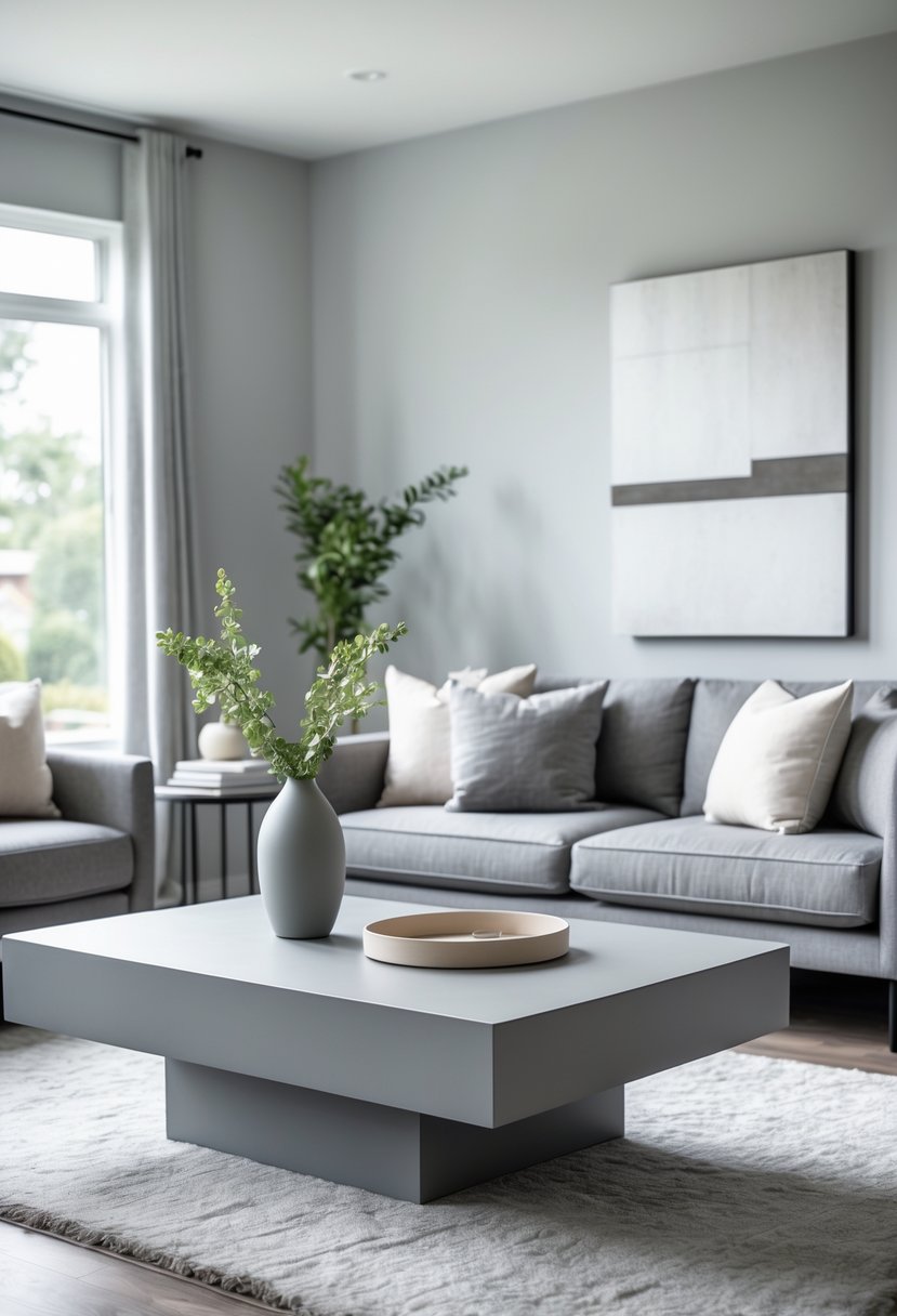 Gray Living Room Designs Ideas 2026: 21 Modern Concepts for Stylish Interiors 7 A living room with a matte gray coffee table surrounded by gray seating and natural light coming through large windows.