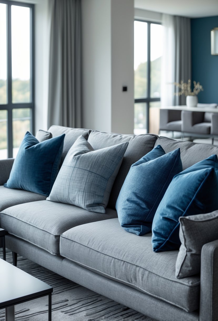 Gray Living Room Designs Ideas 2026: 21 Modern Concepts for Stylish Interiors 8 A living room with a gray sofa decorated with gray and blue throw pillows, natural light coming through windows, and minimalist decor.