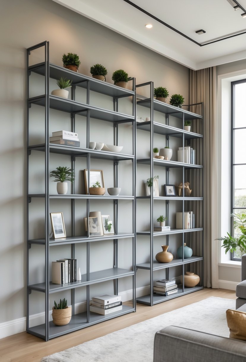 Gray Living Room Designs Ideas 2026: 21 Modern Concepts for Stylish Interiors 9 A spacious living room with gray metal shelving filled with books and plants next to a gray sofa.