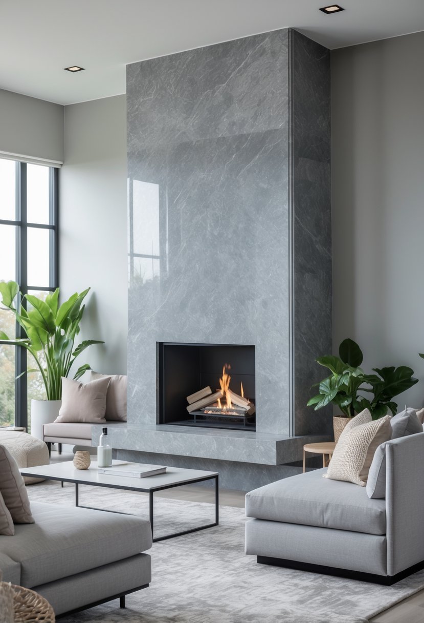 Gray Living Room Designs Ideas 2026: 21 Modern Concepts for Stylish Interiors 10 A living room with a gray marble fireplace surround, a gray sofa, a coffee table, and plants near large windows.