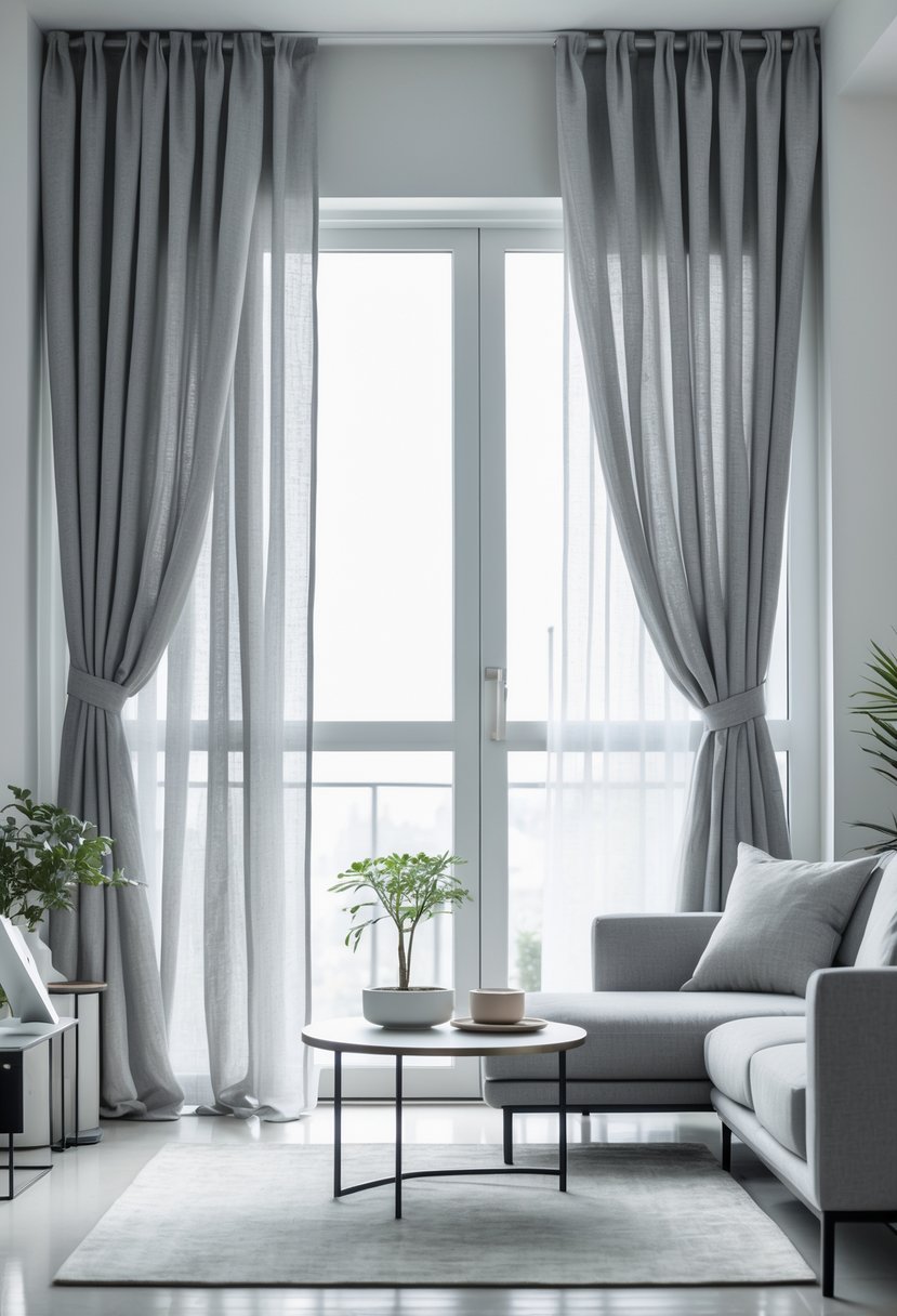 Gray Living Room Designs Ideas 2026: 21 Modern Concepts for Stylish Interiors 11 A living room with large windows covered by soft gray linen curtains, a gray sofa, a coffee table, and indoor plants.
