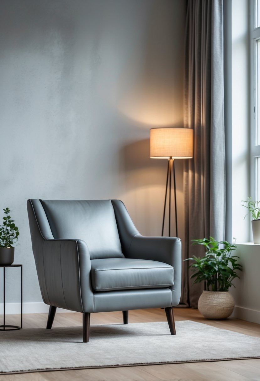 Gray Living Room Designs Ideas 2026: 21 Modern Concepts for Stylish Interiors 12 A gray leather armchair in a living room with a window, a floor lamp, a plant, and a rug on a hardwood floor.