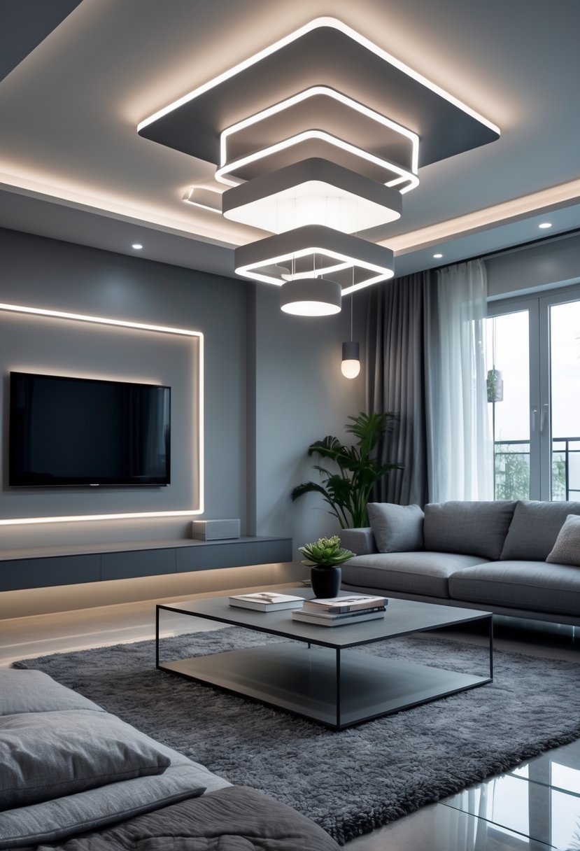Gray Living Room Designs Ideas 2026: 21 Modern Concepts for Stylish Interiors 13 A gray-themed living room with layered lighting fixtures, a sofa, coffee table, and large windows letting in natural light.