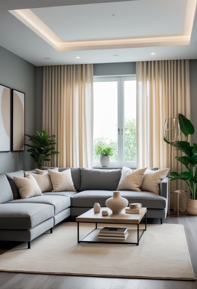 Gray Living Room Designs Ideas 2026: 21 Modern Concepts for Stylish Interiors 14 A living room with a gray sofa, beige rug, wooden coffee table, large windows with curtains, and indoor plants.