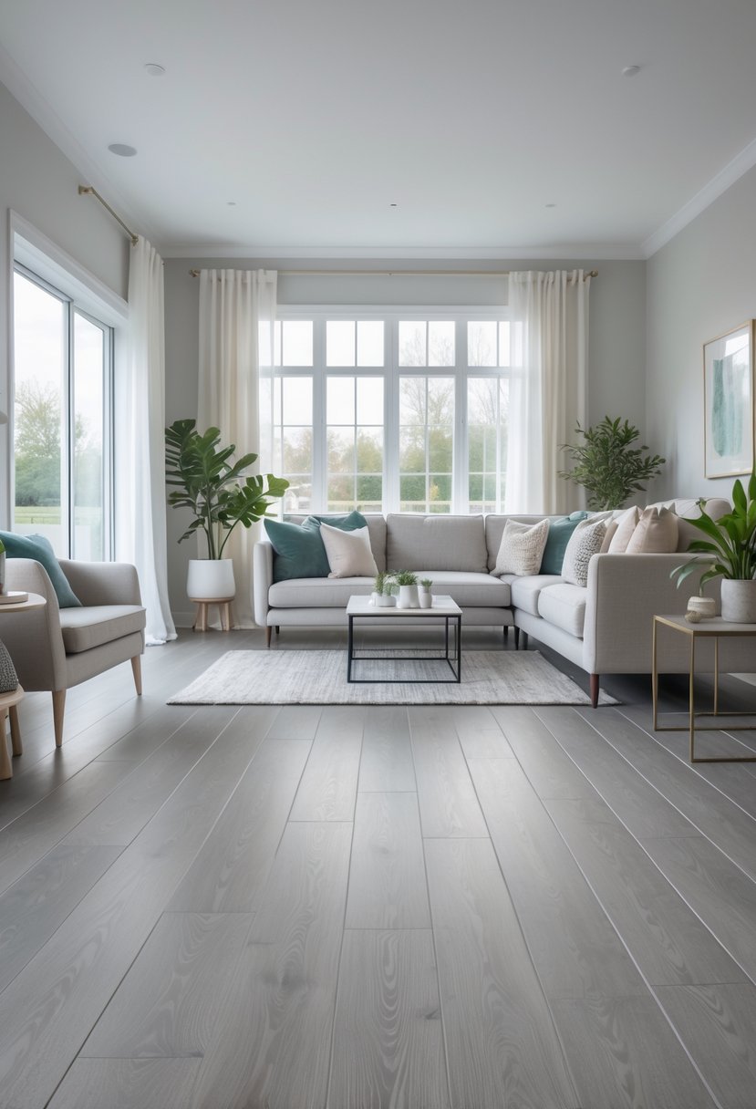 Gray Living Room Designs Ideas 2026: 21 Modern Concepts for Stylish Interiors 15 A bright living room with gray wood flooring, a sofa, coffee table, plants, and large windows letting in natural light.