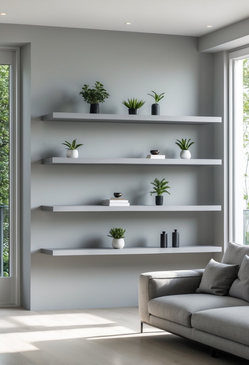 Gray Living Room Designs Ideas 2026: 21 Modern Concepts for Stylish Interiors 16 A living room with gray floating shelves on the wall, decorated with plants and books, and a gray sofa nearby.