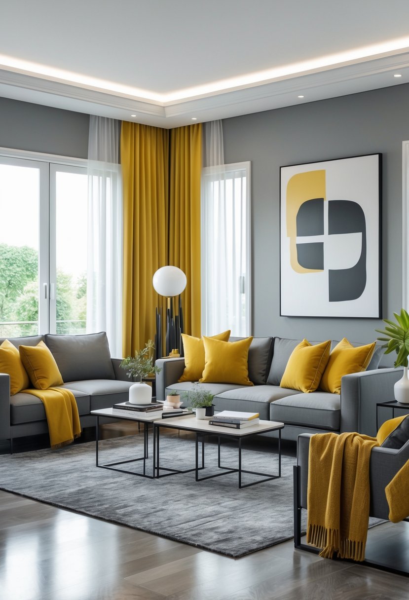 Gray Living Room Designs Ideas 2026: 21 Modern Concepts for Stylish Interiors 17 A living room with a gray sofa, mustard yellow pillows, a coffee table, and large windows letting in natural light.