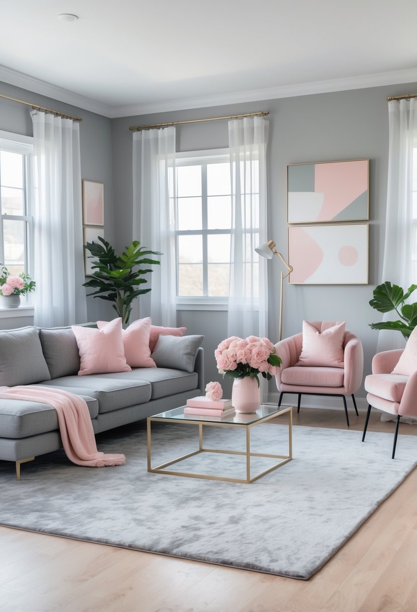 Gray Living Room Designs Ideas 2026: 21 Modern Concepts for Stylish Interiors 19 A bright living room with a gray sofa, blush pink pillows, a glass coffee table with flowers, and large windows letting in natural light.