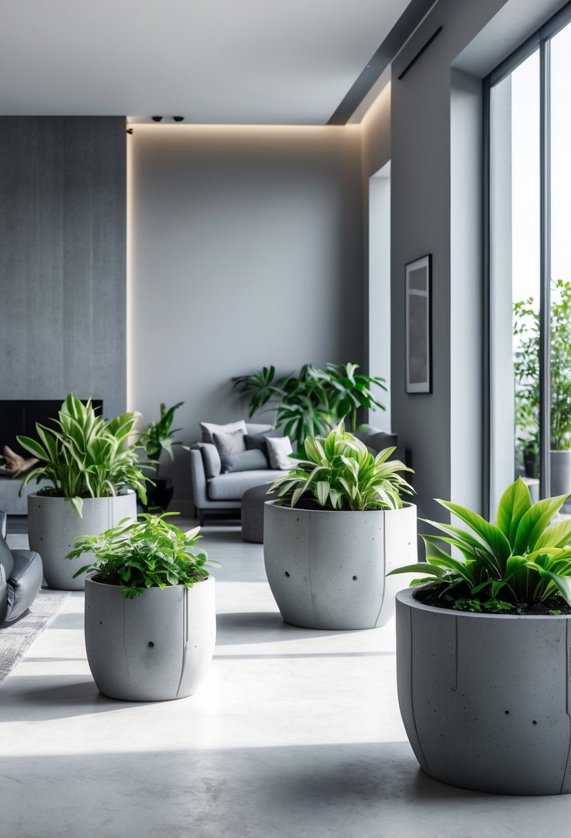 Gray Living Room Designs Ideas 2026: 21 Modern Concepts for Stylish Interiors 20 A living room with gray concrete planters holding green plants, neutral furniture, and natural light coming through large windows.