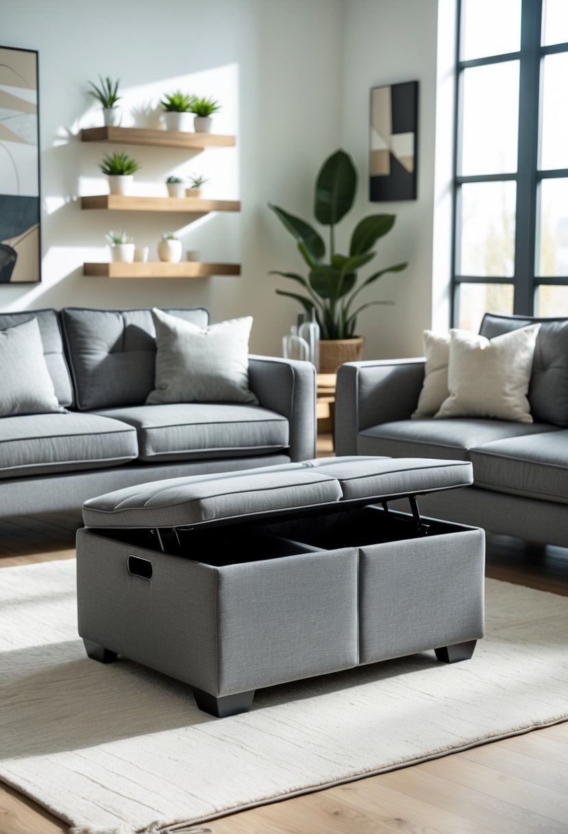 Gray Living Room Designs Ideas 2026: 21 Modern Concepts for Stylish Interiors 21 A living room with a gray ottoman featuring open storage, surrounded by gray sofas and natural light from large windows.