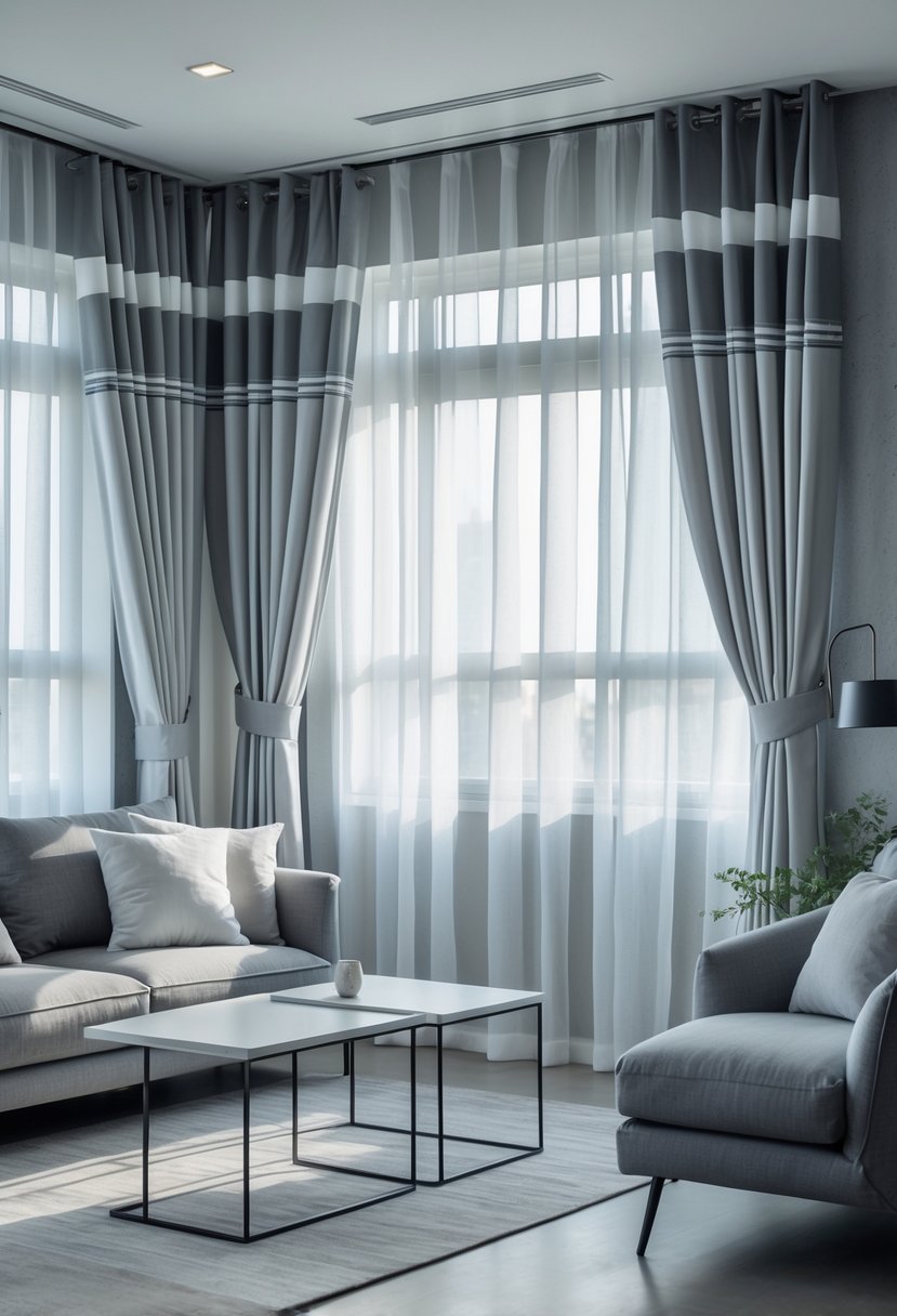 Gray Living Room Designs Ideas 2026: 21 Modern Concepts for Stylish Interiors 22 A living room with gray and white striped curtains, a gray sofa, and a coffee table illuminated by natural light.
