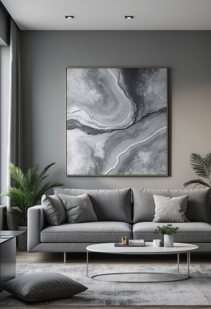 Gray Living Room Designs Ideas 2026: 21 Modern Concepts for Stylish Interiors 23 A modern living room with gray walls, a gray sofa, and a large abstract wall art hanging above the sofa.