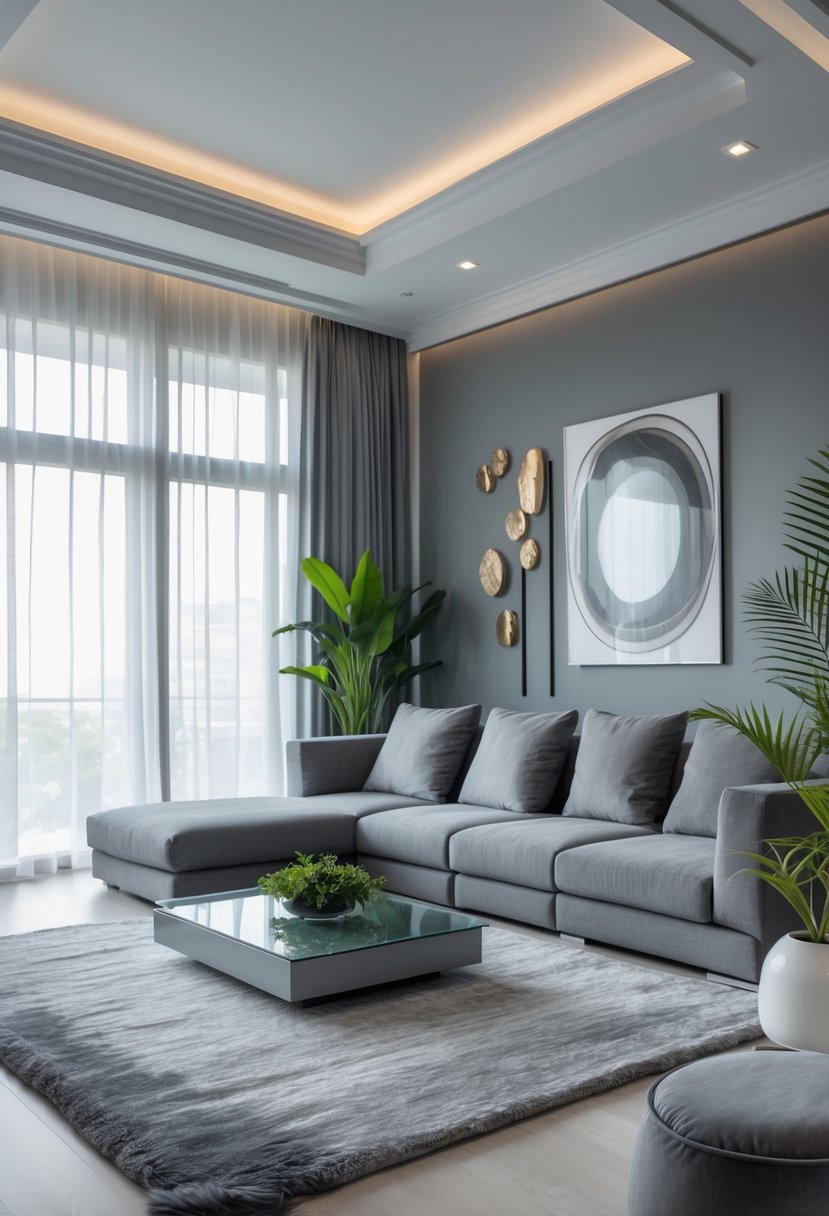 Gray Living Room Designs Ideas 2026: 21 Modern Concepts for Stylish Interiors 24 A bright living room with a large gray sofa, glass coffee table, indoor plants, and large windows letting in natural light.