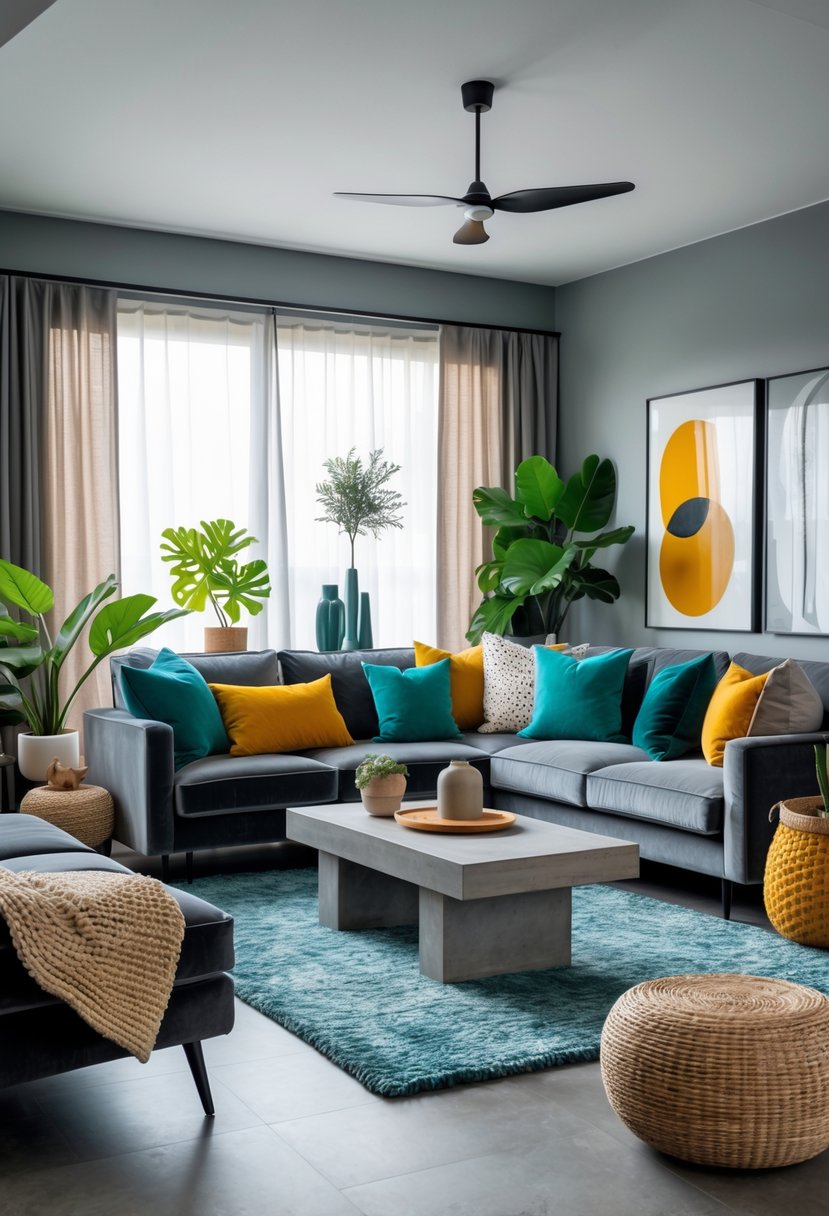 Gray Living Room Designs Ideas 2026: 21 Modern Concepts for Stylish Interiors 25 A bright living room with gray furniture, colorful cushions, indoor plants, and a mix of textured materials.