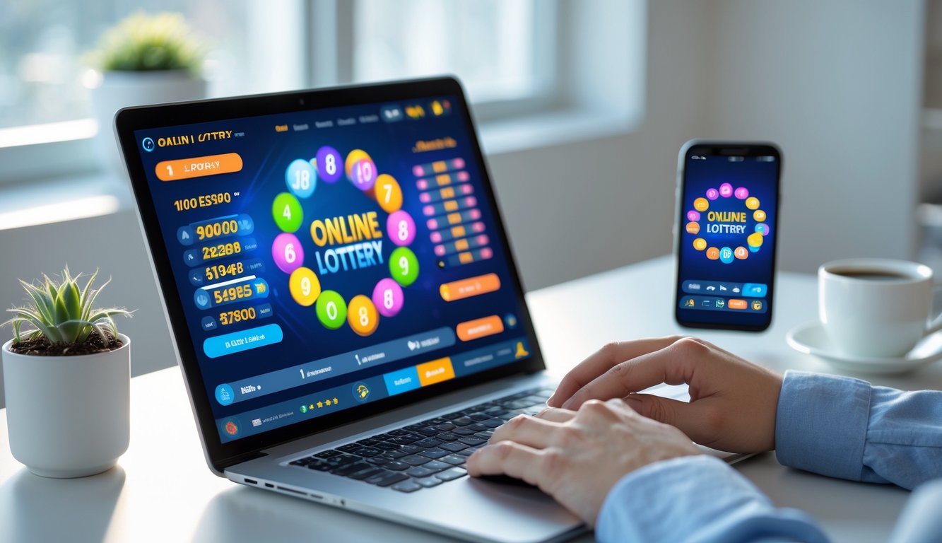 Seseorang menggunakan laptop dan ponsel di meja kerja dengan aplikasi lotere online yang menampilkan angka dan grafik.