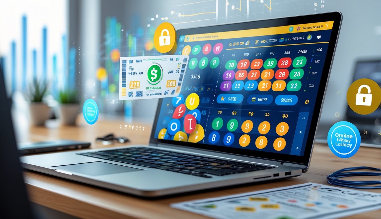 Seorang pria menggunakan laptop di meja kerja dengan tampilan platform lotere online yang berwarna-warni dan simbol keamanan di sekitarnya.