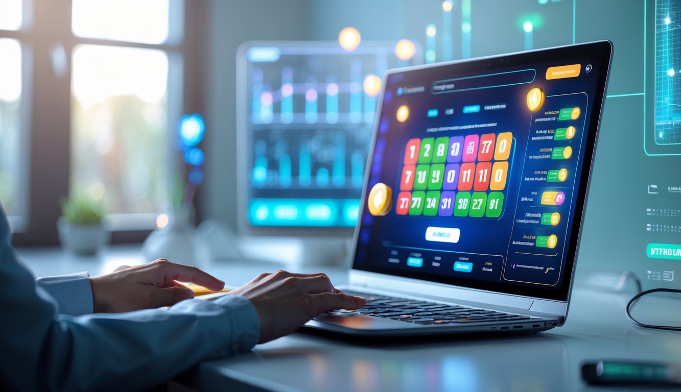 Seseorang menggunakan komputer di meja dengan tampilan antarmuka permainan lotere online di layar.