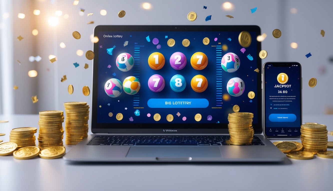 Seorang pria di depan laptop dengan layar menampilkan situs togel online dan koin emas di meja, menggambarkan suasana kemenangan besar.