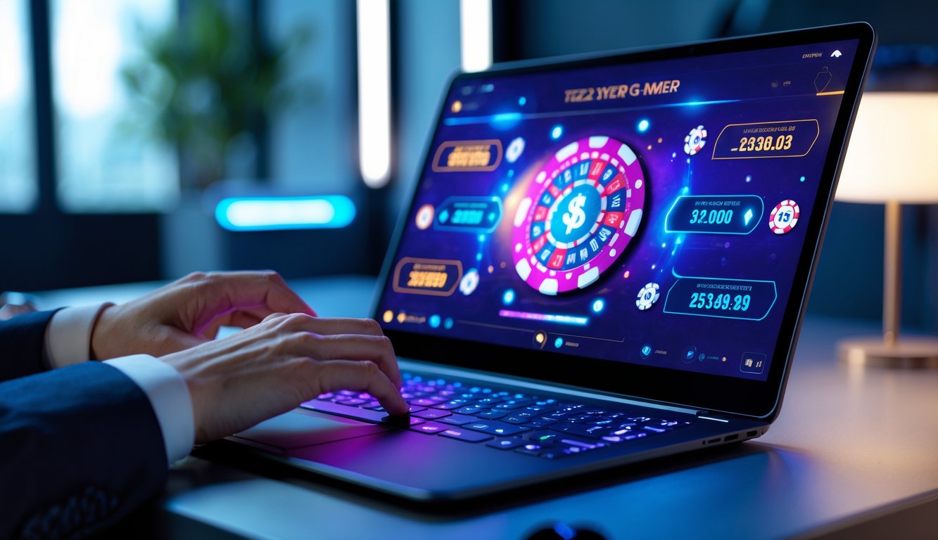 Seseorang bermain poker online di perangkat modern dengan chip dan kartu poker di layar.