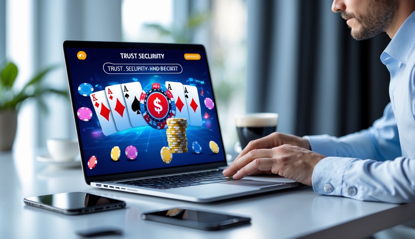 Seorang pria menggunakan laptop di meja dengan permainan poker online yang terlihat di layar, dikelilingi chip poker dan kartu bermain.
