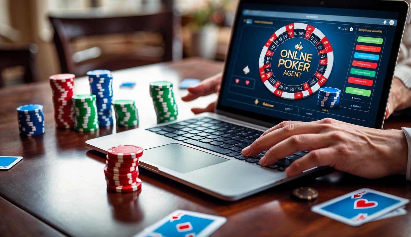 Seorang pemain menggunakan laptop dengan permainan poker online dan chip poker di atas meja kayu.