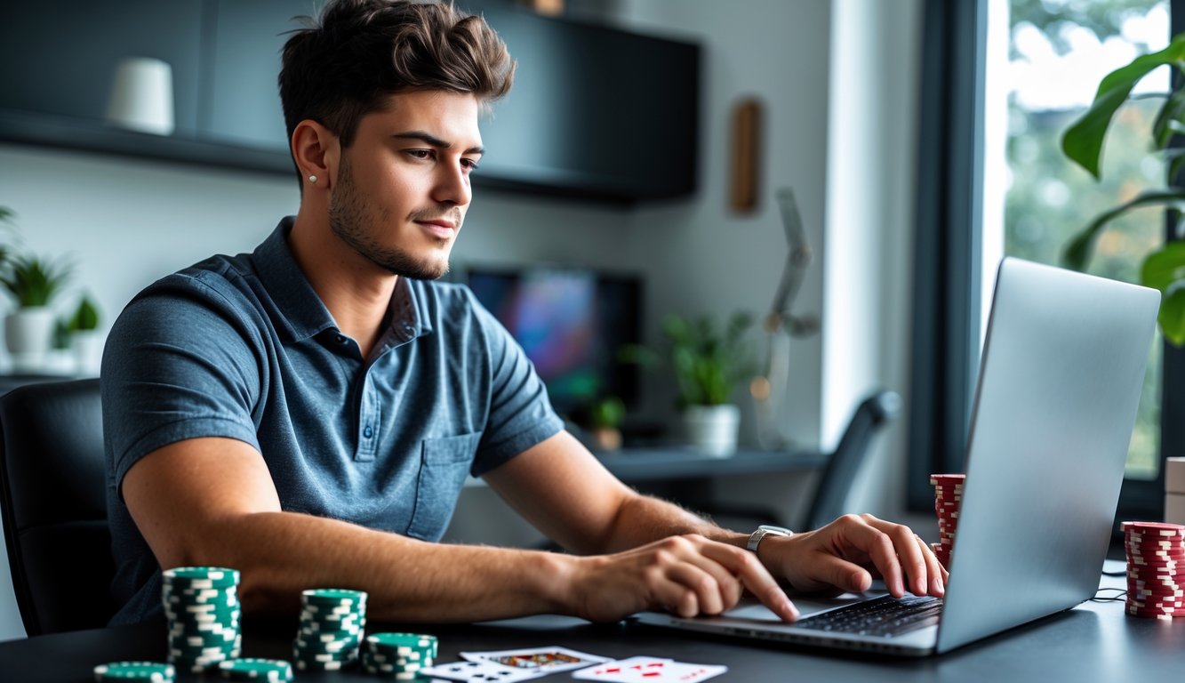 Seorang dewasa muda sedang bermain poker online menggunakan laptop di ruang kerja modern yang terang.