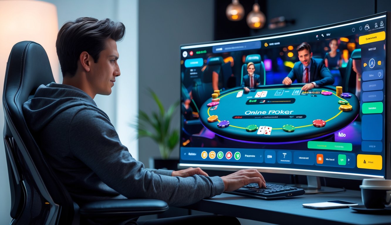 Seorang dewasa muda duduk di depan meja komputer dengan tampilan meja poker digital, suasana ruangan modern dan terang dengan lampu LED dan dekorasi minimalis.