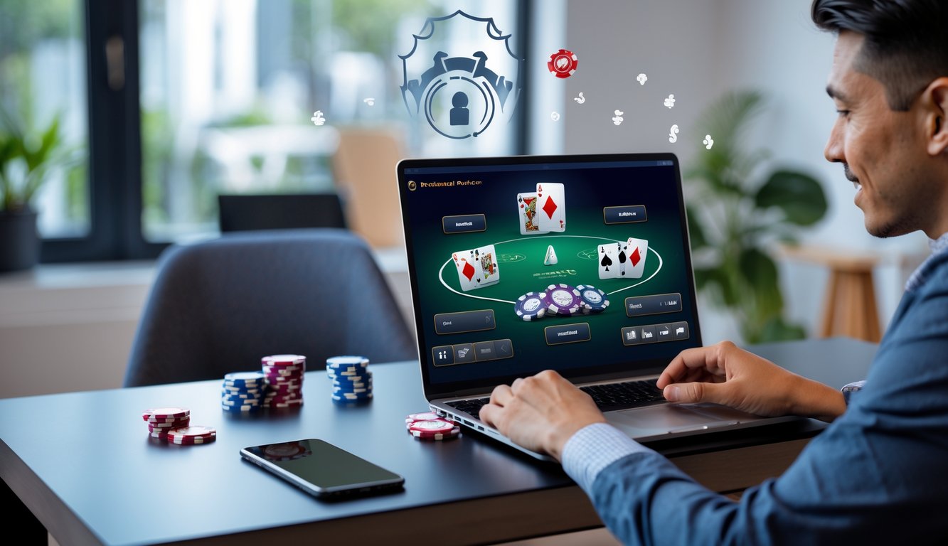 Seseorang sedang bermain poker online di laptop di ruang kerja rumah yang rapi dan terang.