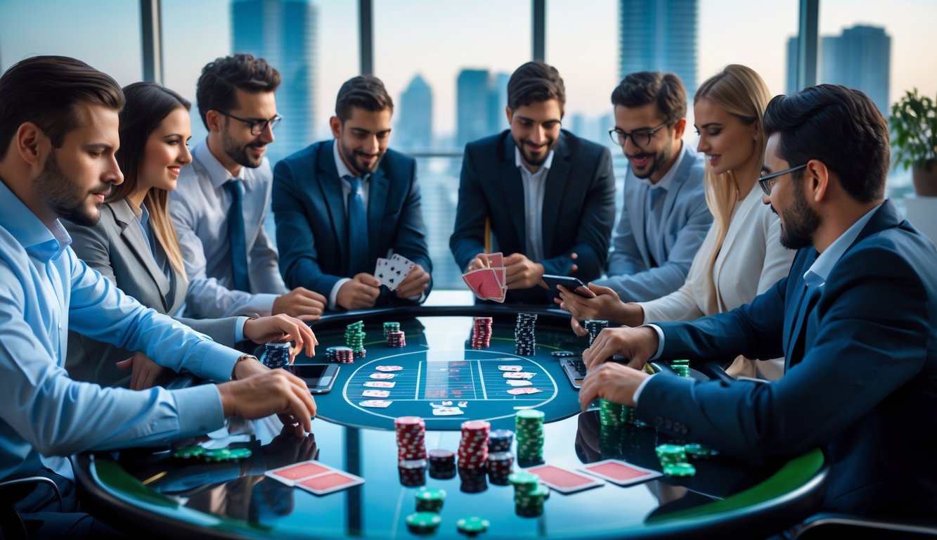 Sekelompok profesional bermain poker di meja kaca di kantor modern dengan pemandangan kota di latar belakang.