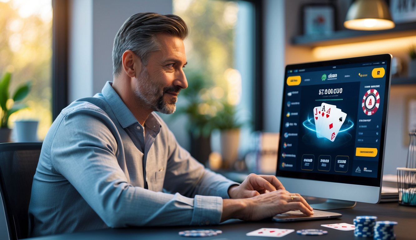 Seorang pria dewasa duduk di meja dengan laptop, bermain poker online uang asli di ruangan yang rapi dan terang.