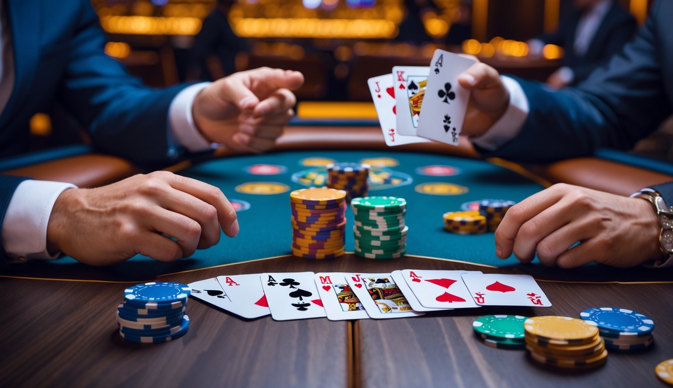 Meja poker dengan kartu dan tumpukan chip, tangan memegang kartu, suasana kasino mewah di latar belakang.