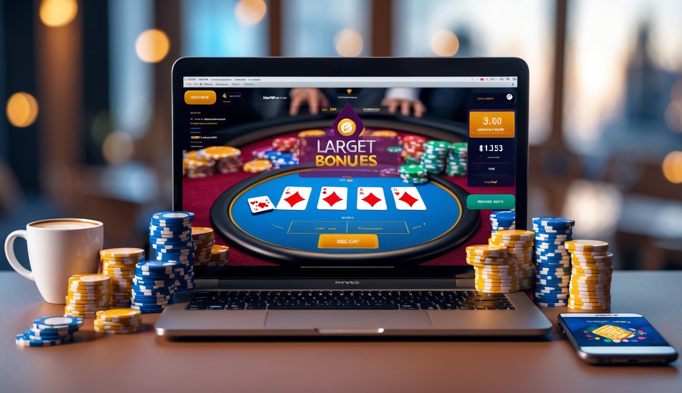 Seseorang bermain poker online di depan komputer dengan chip poker dan kartu bermain di meja.