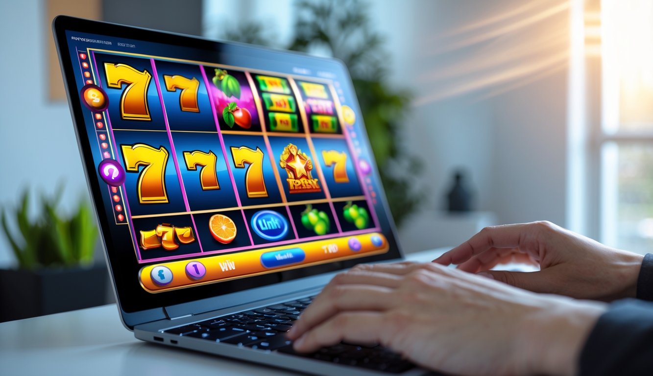 Seseorang bermain permainan slot online di depan komputer di ruang kerja yang rapi.