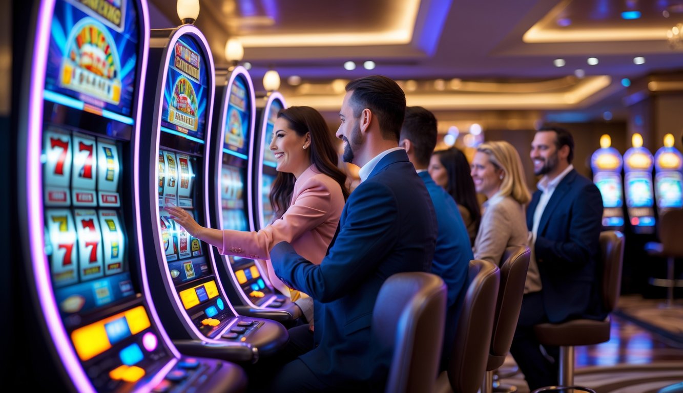 Orang-orang bermain mesin slot di kasino modern dengan lampu berwarna-warni dan suasana yang mewah.