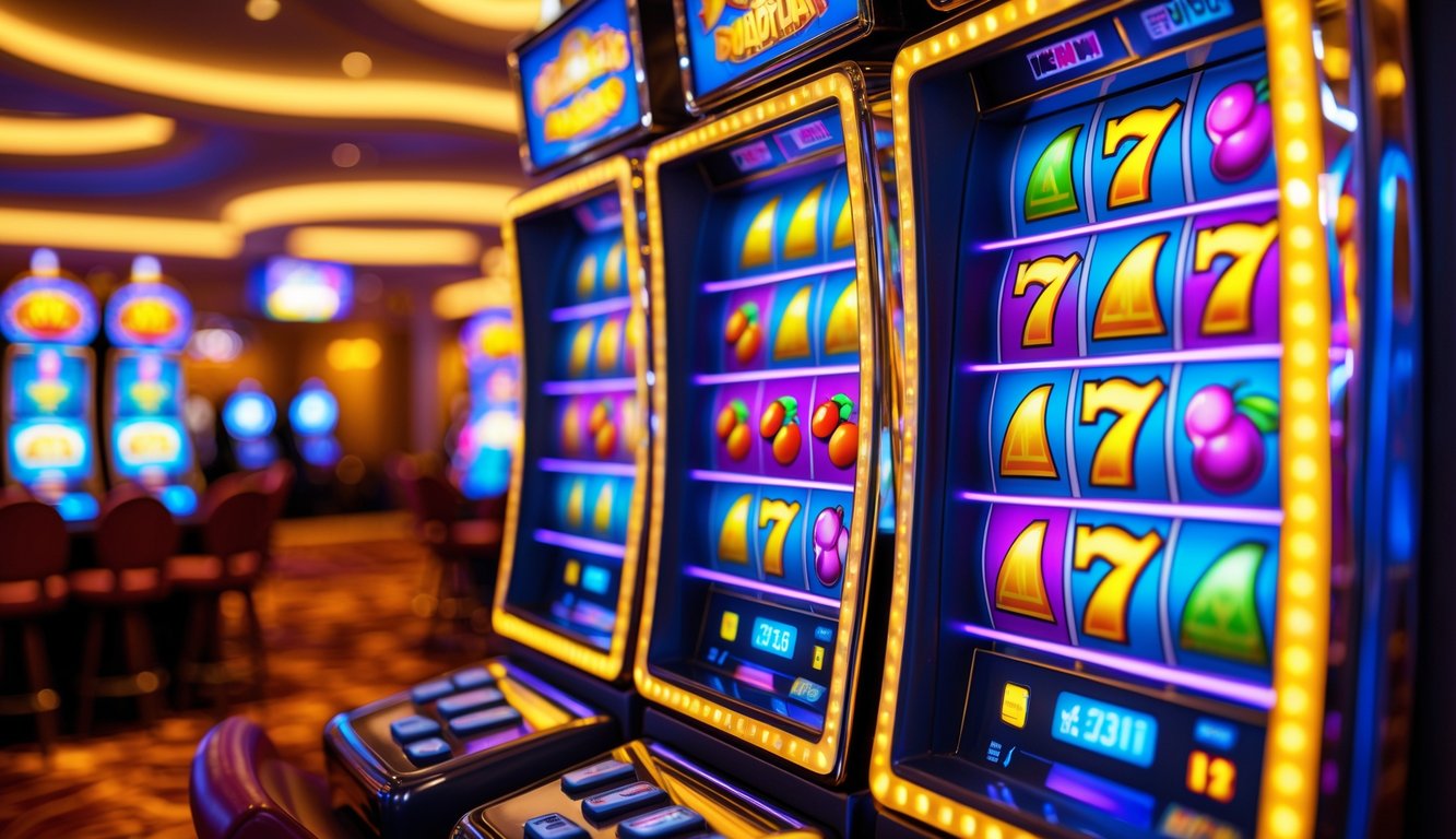 Mesin slot berwarna cerah dengan lampu menyala di dalam kasino yang ramai.