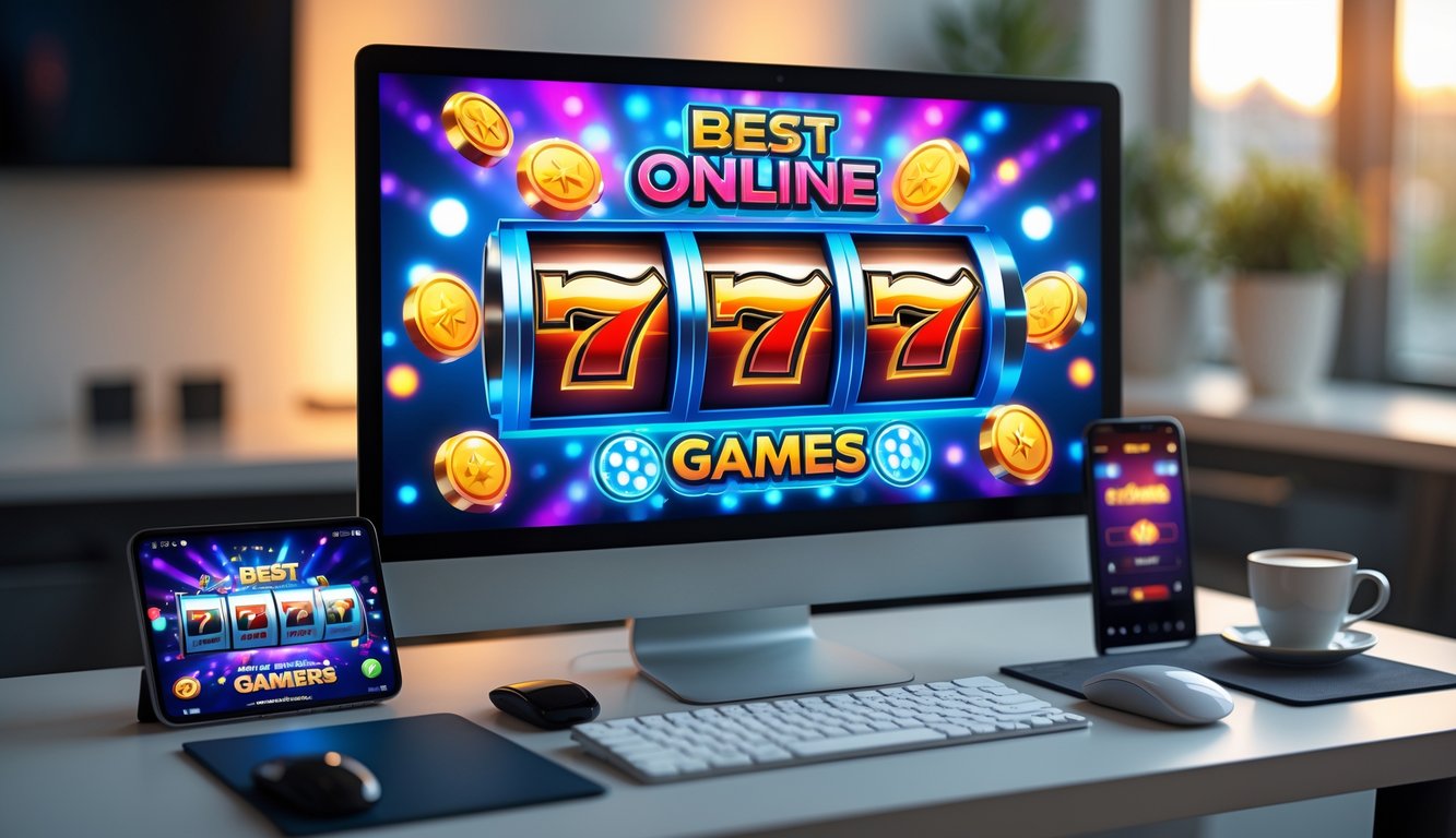 Meja kerja dengan komputer menampilkan permainan slot online yang berwarna-warni, ponsel, dan cangkir kopi di sekitarnya.