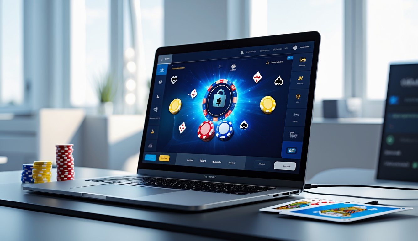 Seorang pemain poker online menggunakan komputer dengan tampilan permainan poker dan chip di layar dalam ruangan yang terang dan rapi.