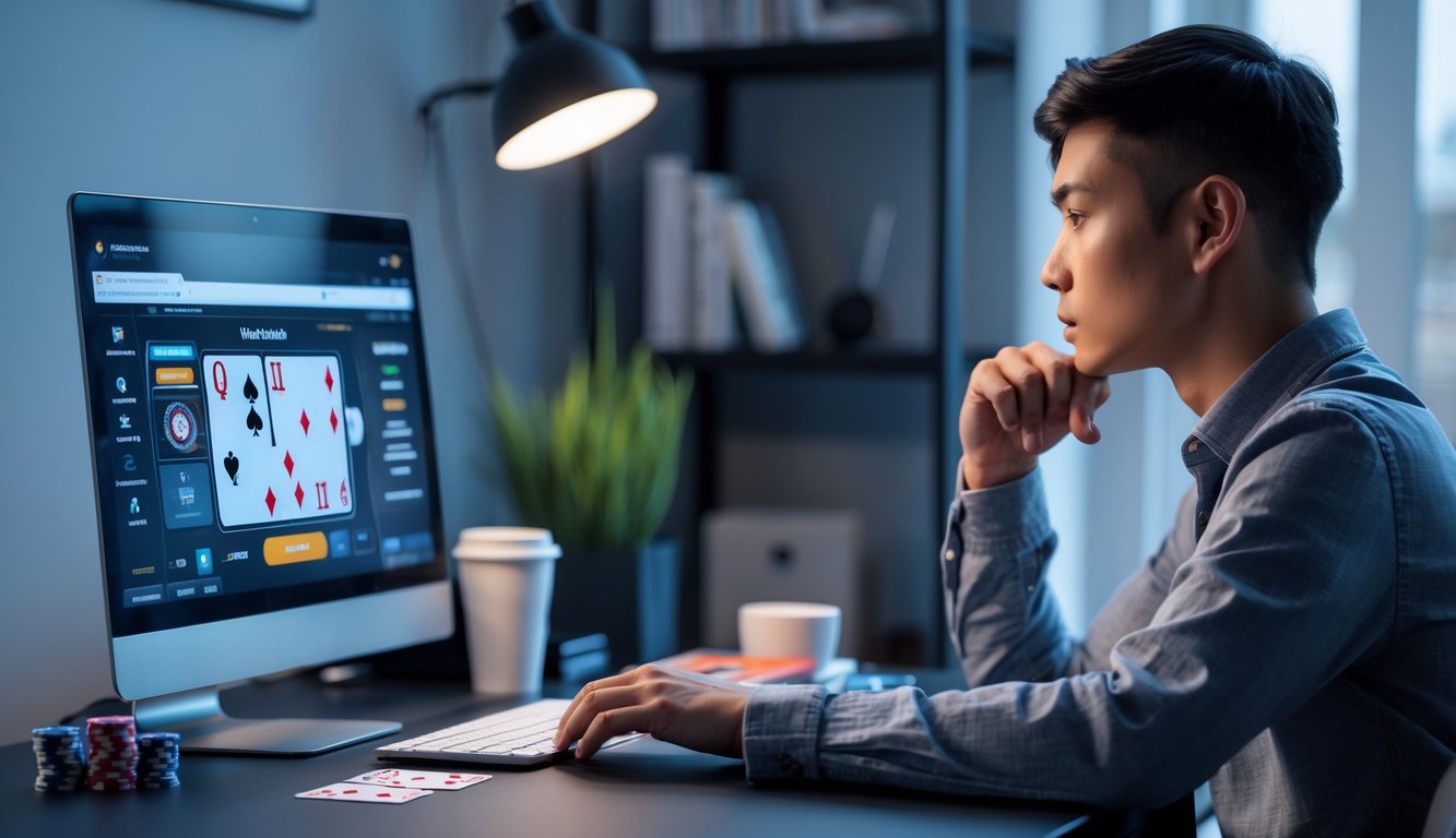 Seorang individu sedang fokus bermain poker online di depan laptop dengan tumpukan chip dan kartu di meja.