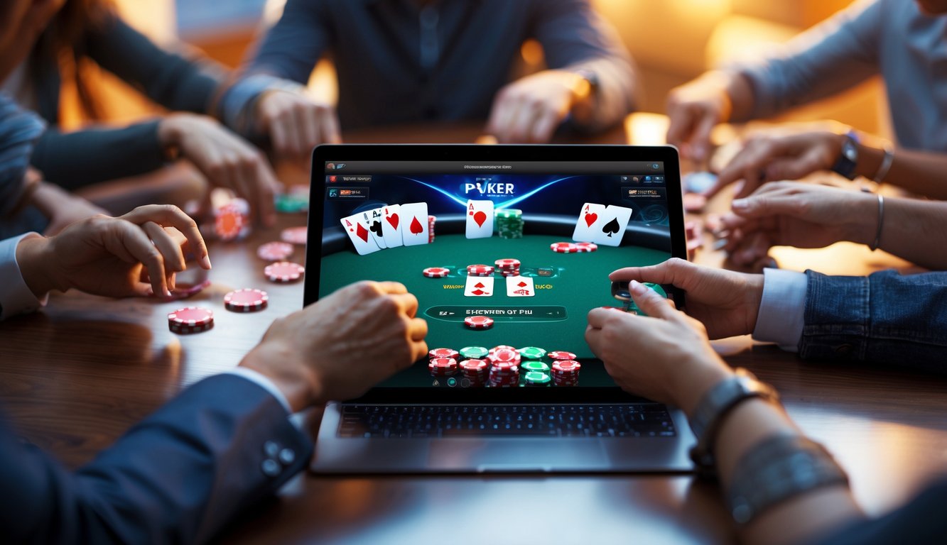 Beberapa orang bermain poker online dengan kartu dan chip di depan layar komputer.