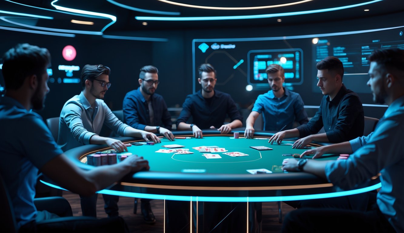 Meja poker virtual dengan pemain yang sedang bermain dalam platform poker online interaktif.