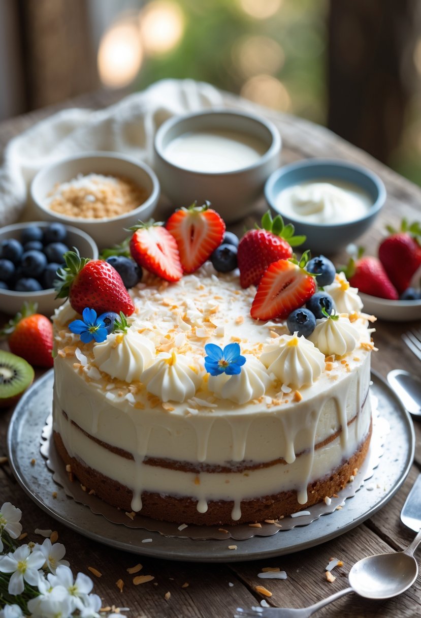 A beautifully decorated Tres Leches cake topped with fresh fruits and edible flowers on a wooden table with bowls of ingredients nearby.