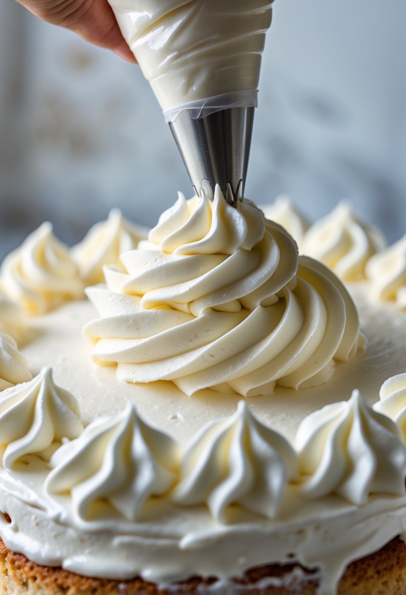 Close-up of a hand piping whipped cream swirls onto a Tres Leches cake.