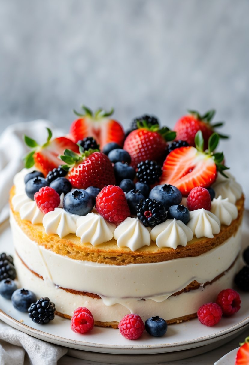 A Tres Leches cake topped with fresh mixed berries on a white plate.