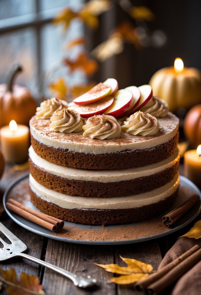 A multi-layer apple spice cake with cinnamon frosting on a wooden table surrounded by autumn decorations.