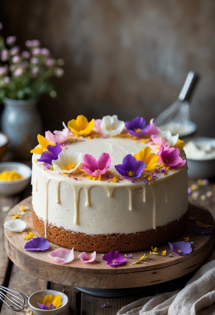 A Tres Leches cake decorated with colorful edible flower petals on a wooden table with baking ingredients around it.