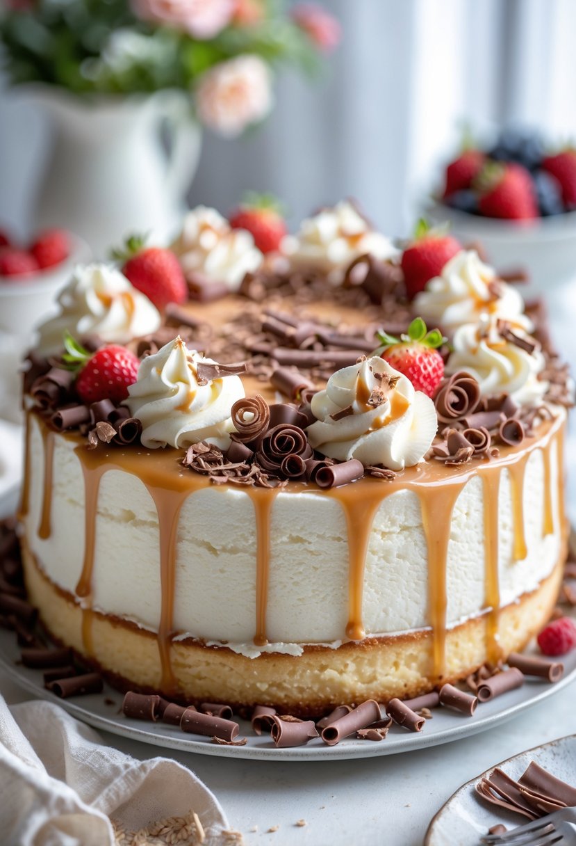 Close-up of a Tres Leches cake decorated with whipped cream, chocolate shavings, fresh berries, and edible flowers.