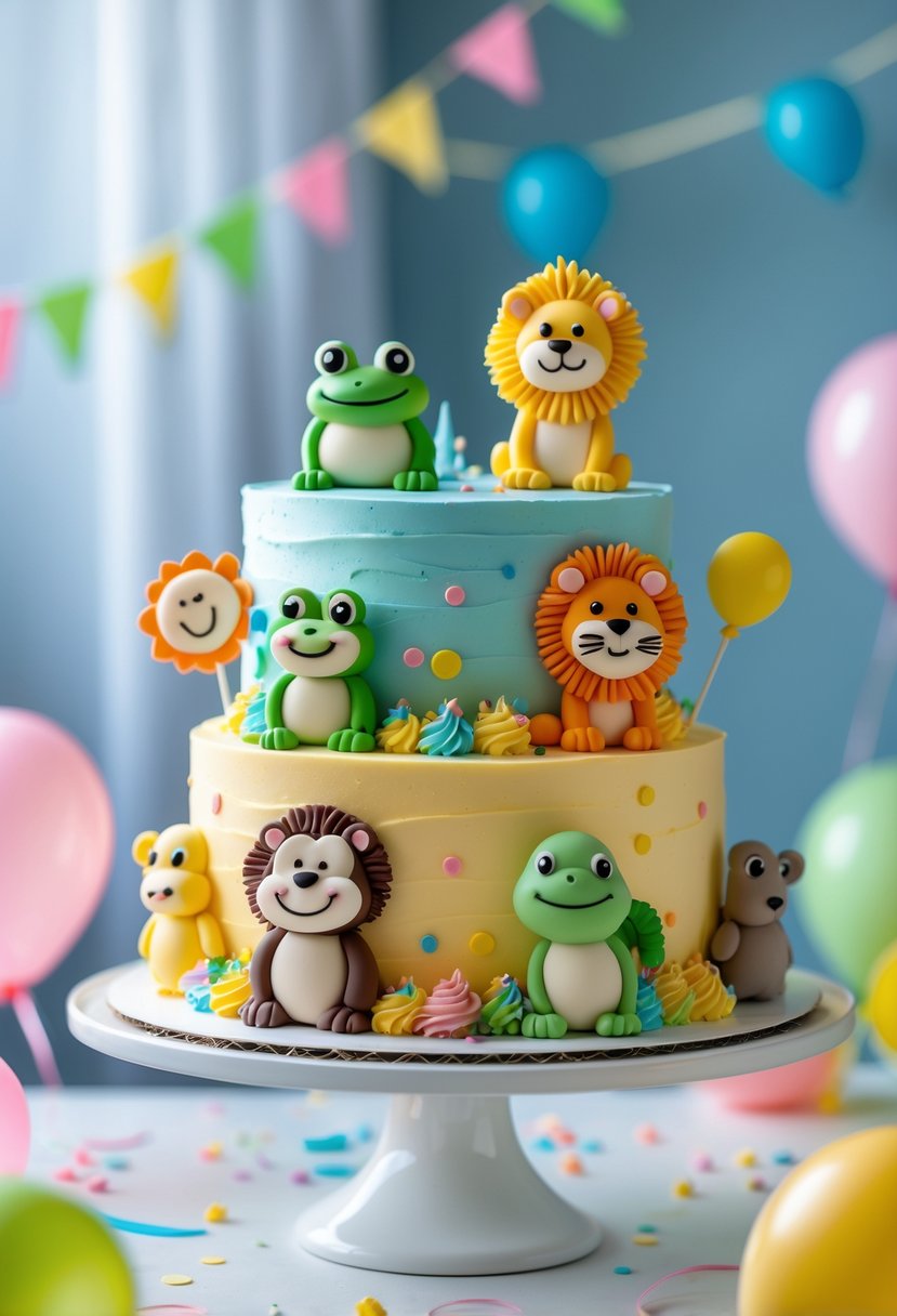 A colorful multi-tiered buttercream cake decorated with cute edible animal figures from CoComelon, displayed on a white cake stand with party decorations around it.