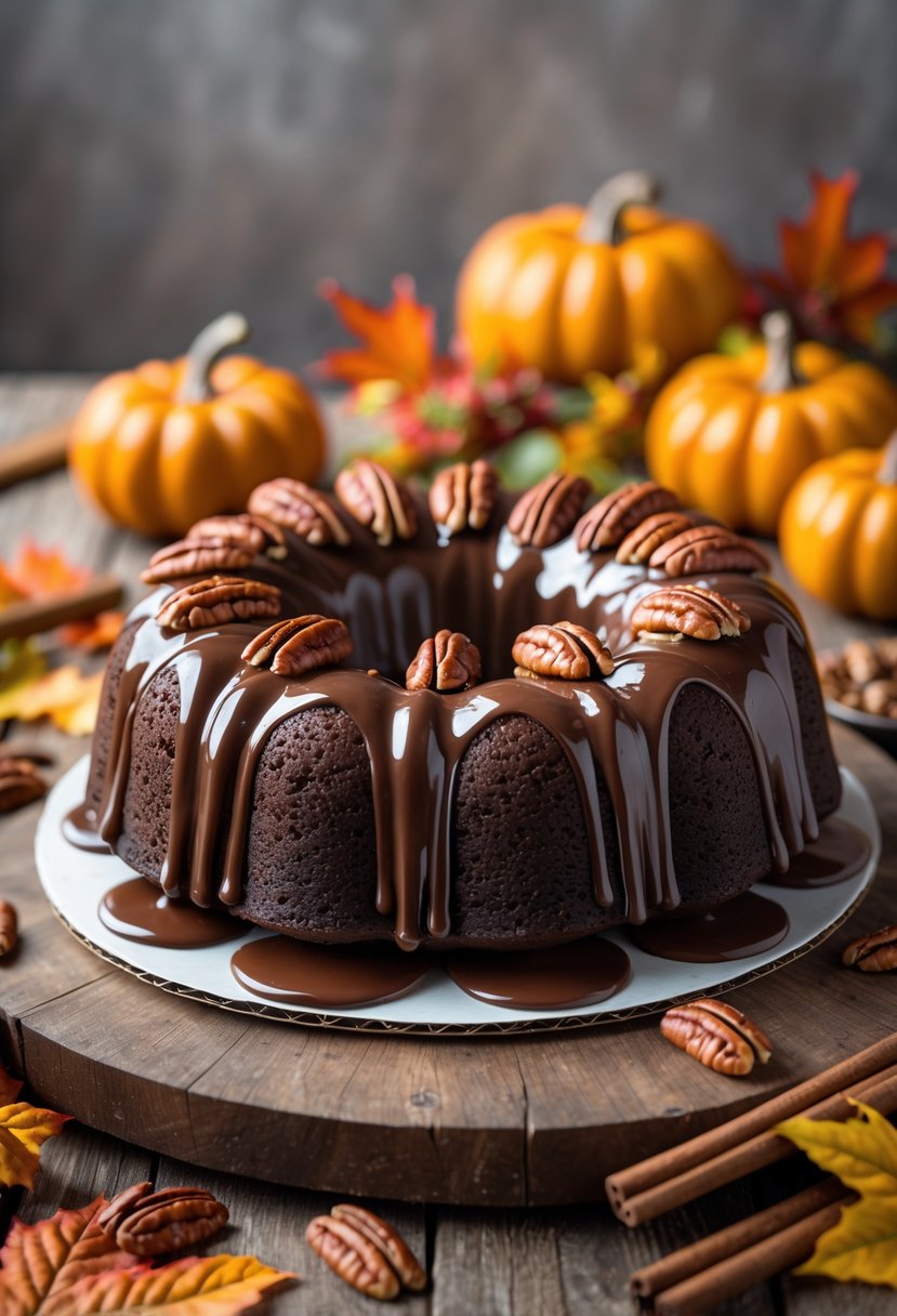 A chocolate pecan Bundt cake with chocolate glaze and toasted pecans on a wooden table surrounded by autumn decorations.