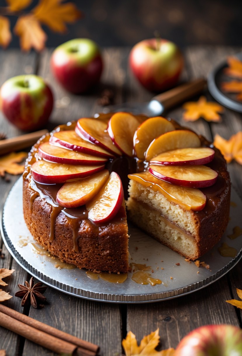 A caramel apple upside-down cake with caramelized apple slices on top, placed on a wooden table with autumn decorations around it.